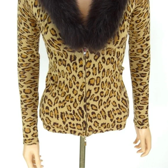 CACHE Zipper Sweater SMALL Leopard Animal Print Fox Fur Collar Knit Cardigan Top - Picture 5 of 15